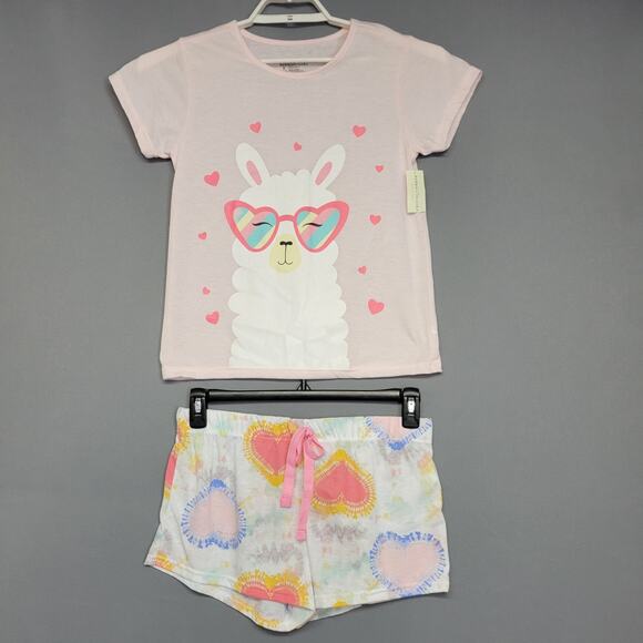 Bobbie Brooks Sleepwear Pj Set Llama Womens Smal Pink Graphic Tee Heart Shorts - Picture 1 of 13